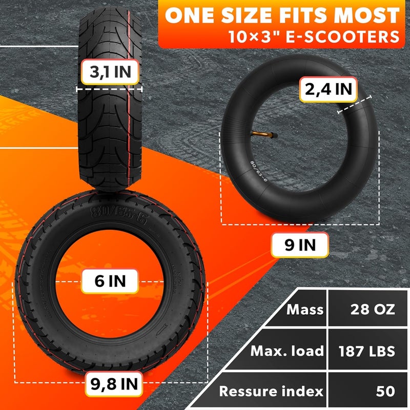 V TOWER 80/65-6 Scooter Tire Tube for All Seasons - 10x3" Electric Scooter Tires Replacement with Rugged Tread - Weather, Abrasion & Puncture Resistant 80/65-6 Tire For a Smooth, Quiet Ride on Any Terrain - Image 2